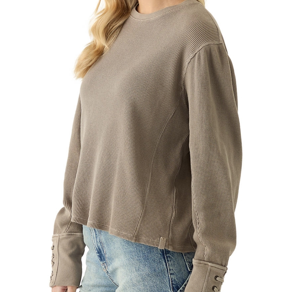 Free People Taupe Lace-Up Cuff Thermal Long Sleeve Top - Picture 2 of 7